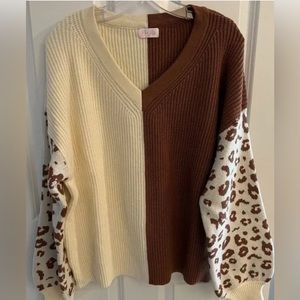 Brand New Pink Lily "Not Over Yet Brown Color Block Leopard Sweater" Size M/L